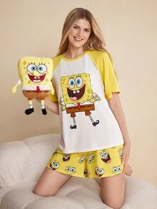 SpongeBob SquarePants | SHEIN Women's Colorblock Patchwork Cartoon Print Top & Shorts Pajama Set - Yellow - View 5