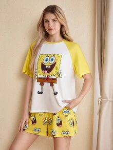 SpongeBob SquarePants | SHEIN Women's Colorblock Patchwork Cartoon Print Top & Shorts Pajama Set - Yellow - View 6