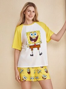 SpongeBob SquarePants | SHEIN Women's Colorblock Patchwork Cartoon Print Top & Shorts Pajama Set - Yellow - View 4