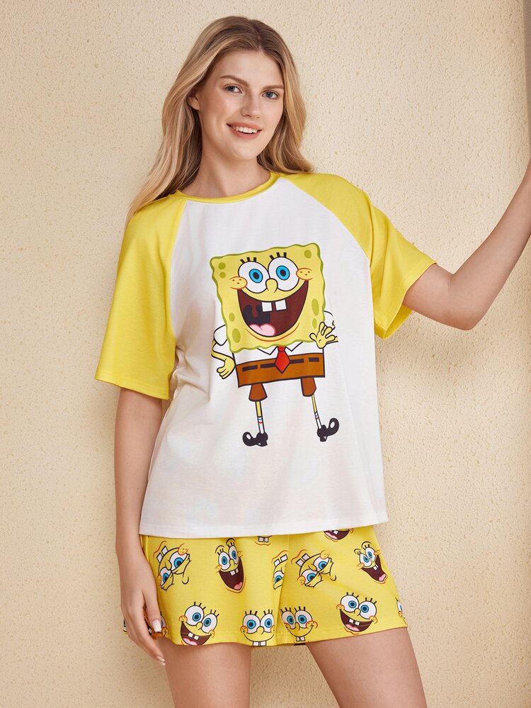 SpongeBob SquarePants | SHEIN Bộ đồ ngủ nữ áo và quần short phối màu patchwork in hoạt hình - Màu vàng - Xem 4