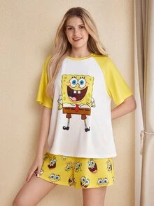SpongeBob SquarePants | SHEIN Women's Colorblock Patchwork Cartoon Print Top & Shorts Pajama Set - Yellow - View 3