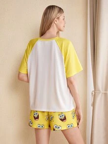 SpongeBob SquarePants | SHEIN Women's Colorblock Patchwork Cartoon Print Top & Shorts Pajama Set - Yellow - View 2