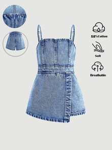 Maija Kids Maija Kids 女童藍色牛仔連身褲，兒童女童春夏休閒度假鄉村波希米亞風穿搭，女童沙灘套裝，女童西式街頭風穿搭，春假套裝，電音節牛仔吊帶褲 - 淺色水洗藍 - 查看 1