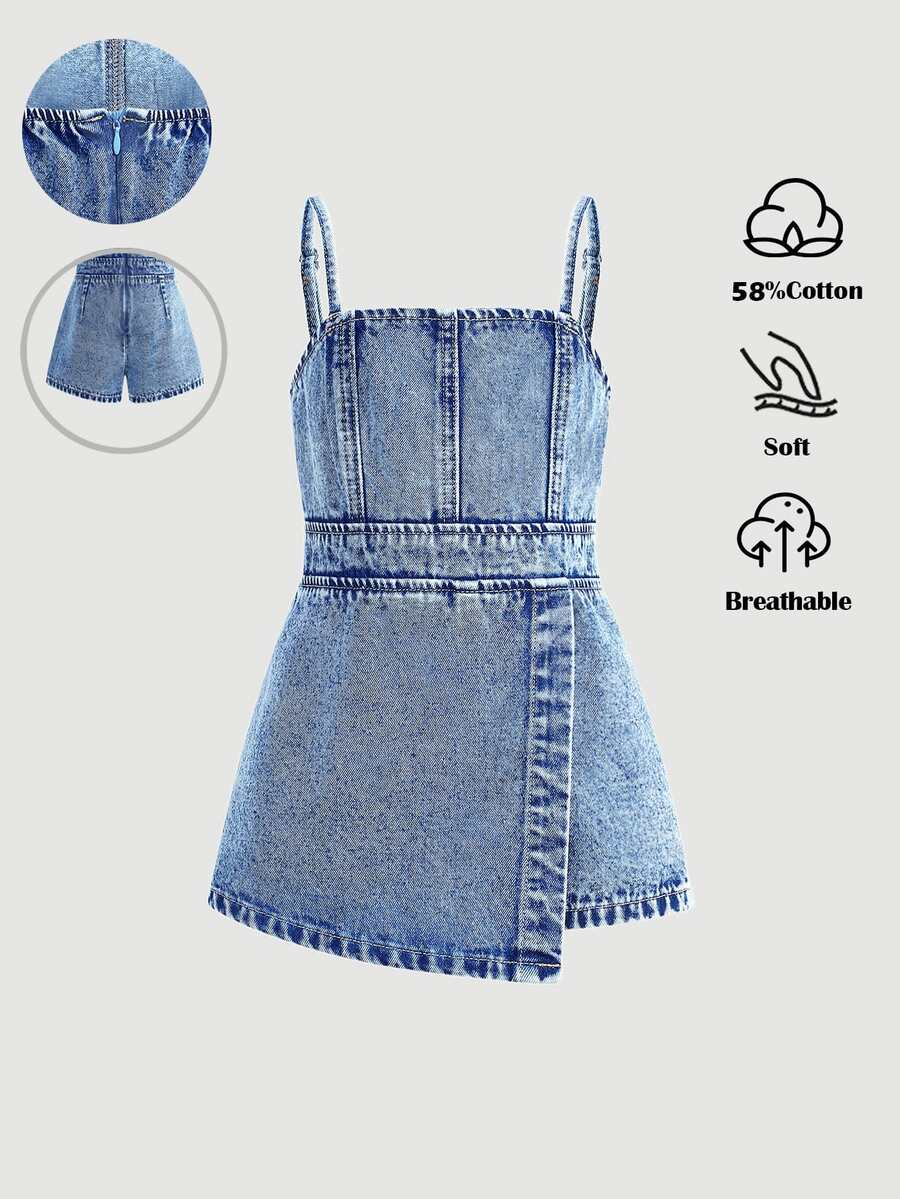 Maija Kids Maija Kids 女童藍色牛仔連身褲，兒童女童春夏休閒度假鄉村波希米亞風穿搭，女童沙灘套裝，女童西式街頭風穿搭，春假套裝，電音節牛仔吊帶褲 - 淺色水洗藍 - 查看 1