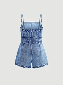 Maija Kids Maija Kids 女童藍色牛仔連身褲，兒童女童春夏休閒度假鄉村波希米亞風穿搭，女童沙灘套裝，女童西式街頭風穿搭，春假套裝，電音節牛仔吊帶褲 - 淺色水洗藍 - 查看 2