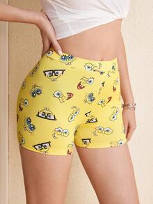 SpongeBob SquarePants | SHEIN Women's Cartoon Print Short Leggings - Yellow - View 4