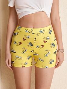 SpongeBob SquarePants | SHEIN Women's Cartoon Print Short Leggings - Yellow - View 3