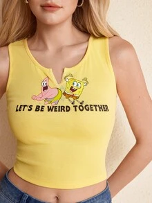 SpongeBob SquarePants | SHEIN Women's Letter Cartoon Print Fitted Versatile Casual Everyday Top - Yellow - View 3