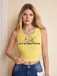 SpongeBob SquarePants | SHEIN Women's Letter Cartoon Print Fitted Versatile Casual Everyday Top - Yellow - View 4