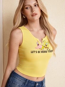 SpongeBob SquarePants | SHEIN Women's Letter Cartoon Print Fitted Versatile Casual Everyday Top - Yellow - View 6
