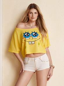 SpongeBob SquarePants | SHEIN تي شيرت قصير للنساء بطبعة كرتونية وأكمام جناح الخفاش - أصفر - مشاهدة 4
