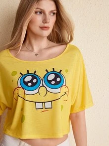 SpongeBob SquarePants | SHEIN تي شيرت قصير للنساء بطبعة كرتونية وأكمام جناح الخفاش - أصفر - مشاهدة 6