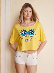 SpongeBob SquarePants | SHEIN تي شيرت قصير للنساء بطبعة كرتونية وأكمام جناح الخفاش - أصفر - مشاهدة 5