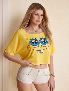 SpongeBob SquarePants | SHEIN تي شيرت قصير للنساء بطبعة كرتونية وأكمام جناح الخفاش - أصفر - مشاهدة 3