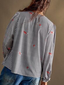 Nubod Plus Size Plaid Floral Petal Sleeve Blouse Date Night Brunch Birthday Dinner Black And White Autumn 1920s Vintage Dressy 80s Fall - Multicolor - View 2