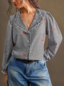 Nubod Plus Size Plaid Floral Petal Sleeve Blouse Date Night Brunch Birthday Dinner Black And White Autumn 1920s Vintage Dressy 80s Fall - Multicolor - View 6