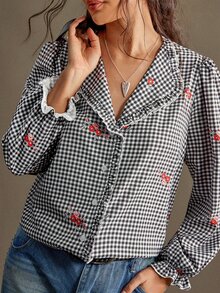 Nubod Plus Size Plaid Floral Petal Sleeve Blouse Date Night Brunch Birthday Dinner Black And White Autumn 1920s Vintage Dressy 80s Fall - Multicolor - View 4