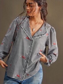 Nubod Plus Size Plaid Floral Petal Sleeve Blouse Date Night Brunch Birthday Dinner Black And White Autumn 1920s Vintage Dressy 80s Fall - Multicolor - View 1