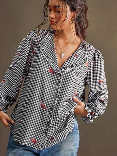Nubod Plus Size Plaid Floral Petal Sleeve Blouse Date Night Dinner Black And White Autumn 1920s 80s Fall