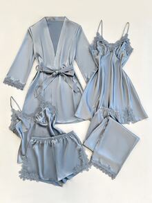 SilkySpell 5pcs Set Contrast Color Trim Decor Faux Silk Camisole Top Shorts Pants Belted Robe Sleep Dress, Autumn Clothes Honeymoon Sleep Dusty Blue Sexy Elegant - Dusty Blue - View 4