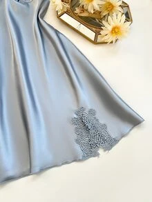 SilkySpell 5pcs Set Contrast Color Trim Decor Faux Silk Camisole Top Shorts Pants Belted Robe Sleep Dress, Autumn Clothes Honeymoon Sleep Dusty Blue Sexy Elegant - Dusty Blue - View 6