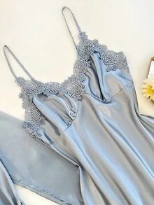 SilkySpell 5pcs Set Contrast Color Trim Decor Faux Silk Camisole Top Shorts Pants Belted Robe Sleep Dress, Autumn Clothes Honeymoon Sleep Dusty Blue Sexy Elegant - Dusty Blue - View 3
