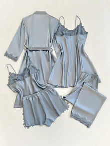 SilkySpell 5pcs Set Contrast Color Trim Decor Faux Silk Camisole Top Shorts Pants Belted Robe Sleep Dress, Autumn Clothes Honeymoon Sleep Dusty Blue Sexy Elegant - Dusty Blue - View 2