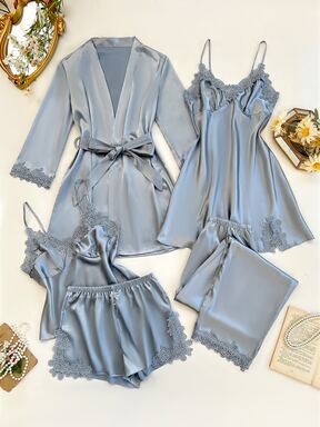 SilkySpell Conjunto de 5 piezas con decoración de ribete de color contrastante: top de camisola de seda sintética, shorts, pantalones, bata con cinturón y vestido de dormir, ropa de otoño e invierno