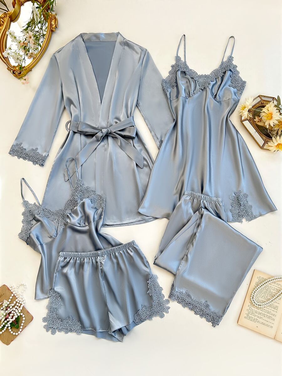 SilkySpell 5pcs Set Contrast Color Trim Decor Faux Silk Camisole Top Shorts Pants Belted Robe Sleep Dress, Autumn Clothes Honeymoon Sleep Dusty Blue Sexy Elegant - Dusty Blue - View 1
