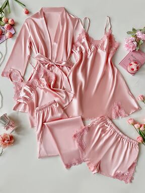 SilkySpell 5pcs/Set Women's Embroidered Camisole Top, Shorts, Pants, Nightgown, Belted Robe Sleepwear Pajama Set, Faux Silk, Fall Winter Clothes