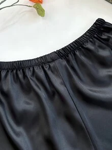 SilkySpell 四件套睡衣：刺绣滚边V领仿丝吊带裙、吊带背心、短裤和系带睡袍，秋冬服装 - 黑色 - 查看 5