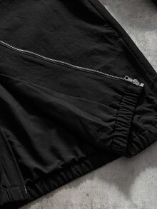 AXEPEAK 男士純色長袖前拉鍊夾克與寬腿褲休閒套裝 - 黑色 - 查看 7