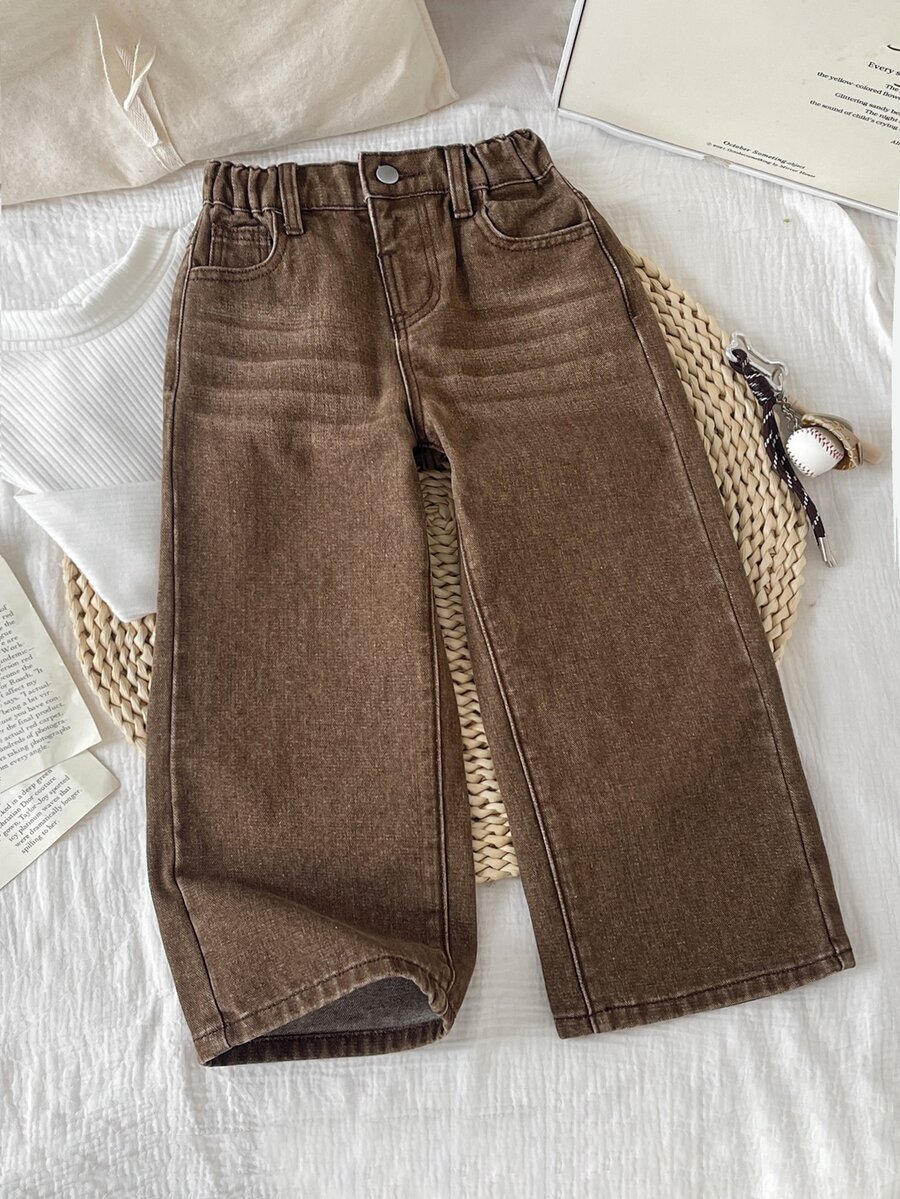 Kids Young Boy Fall/Winter Distressed Basic Brown Denim Jeans With Pockets, For Streetwear, Brown Jeans - Brown - View 1