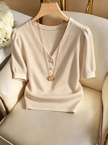 Franclia Women's Summer Classy Elegant V-Neck Everyday Apricot Solid Minimalist Top, French Commuter Style, Beach Holiday - Apricot - View 1