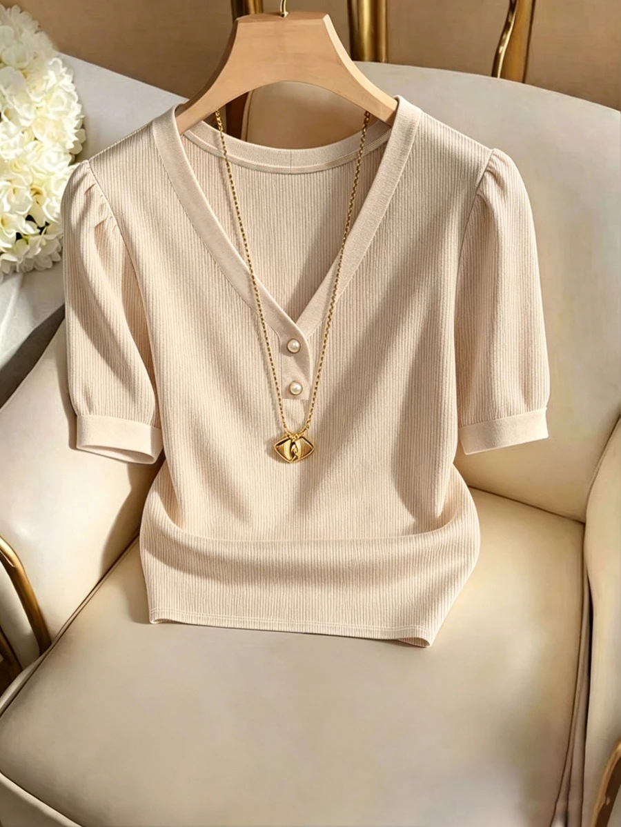 Franclia Women's Summer Classy Elegant V-Neck Everyday Apricot Solid Minimalist Top, French Commuter Style, Beach Holiday - Apricot - View 1