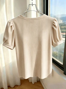 Franclia Women's Summer Classy Elegant V-Neck Everyday Apricot Solid Minimalist Top, French Commuter Style, Beach Holiday - Apricot - View 2
