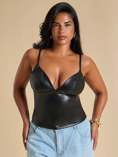 SHEIN BAE CURVE Plus Size Women's Fall Sexy Minimalist PU Leather Spaghetti Strap Fitted Bustier Top,  Party, Date, Back To School, Black Top, Y2K,Halloween