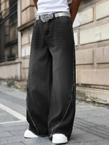 Manfinity EMRG Men's Street Style Frayed Patchwork Wide Leg Pants - Black - View 4