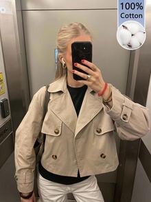 SHEIN EZwear 卡其色女款梭織長袖雙排扣夾克 - 卡其色 - 查看 9