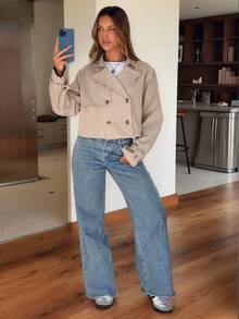 SHEIN EZwear 卡其色女款梭織長袖雙排扣夾克 - 卡其色 - 查看 6