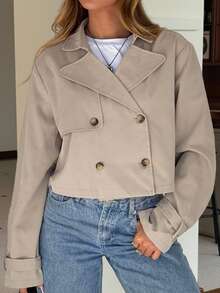 SHEIN EZwear 卡其色女款梭織長袖雙排扣夾克 - 卡其色 - 查看 4