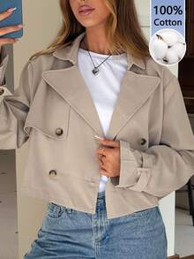 SHEIN EZwear 卡其色女款梭織長袖雙排扣夾克 - 卡其色 - 查看 2