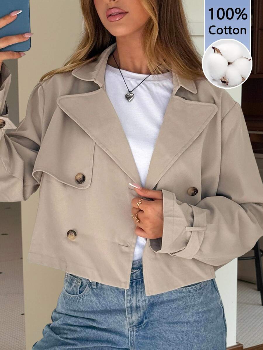 SHEIN EZwear 卡其色女款梭織長袖雙排扣夾克