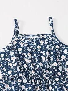 SHEIN 女童時尚西裝領長袖外套＋彈性腰 A 字分層花卉印花細肩帶洋裝 2 件套，7 歲生日，粉色，秋季 - 藍色 - 查看 6