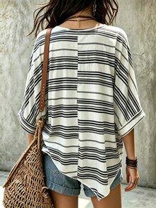 Breezaya Korean Style Casual Color Block Striped Short Sleeve Top - Black and White - View 2