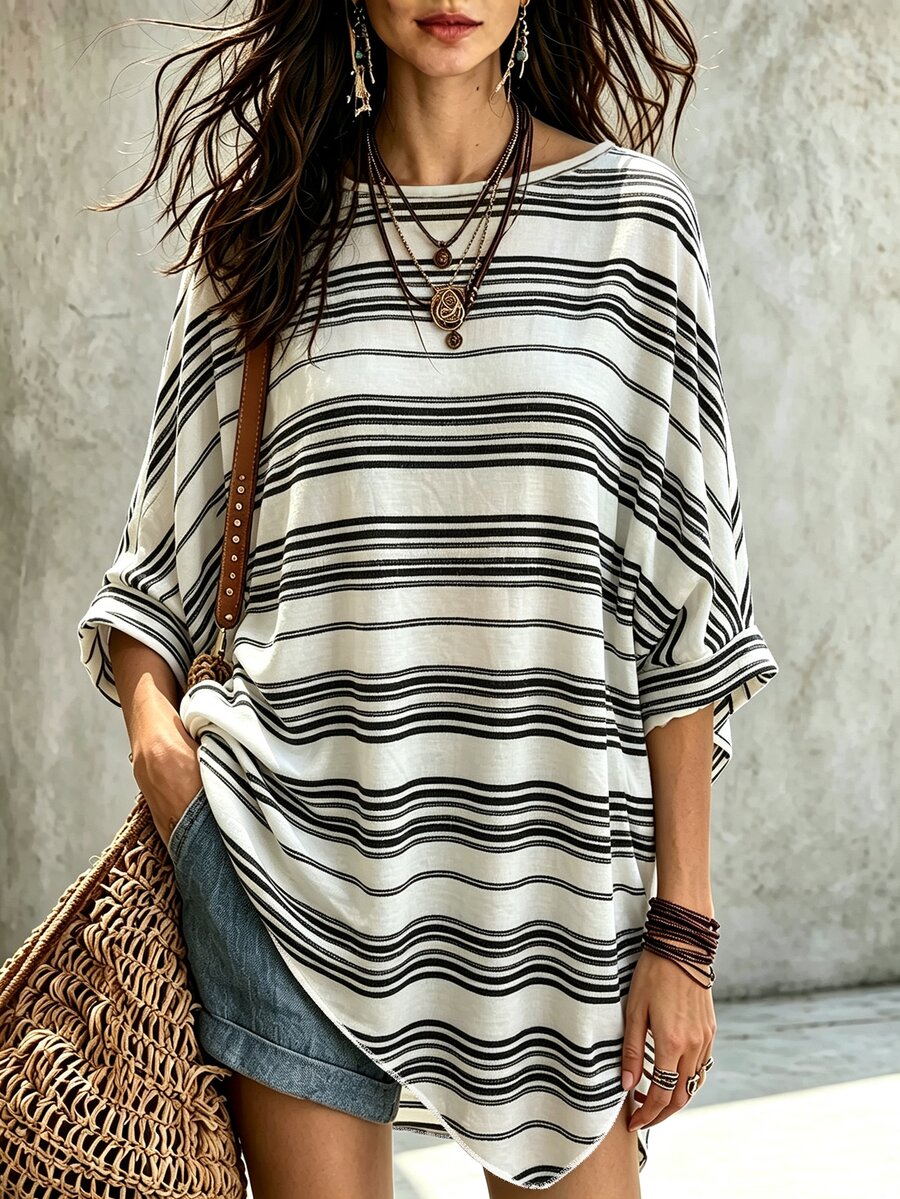 Breezaya Korean Style Casual Color Block Striped Short Sleeve Top - Black and White - View 1