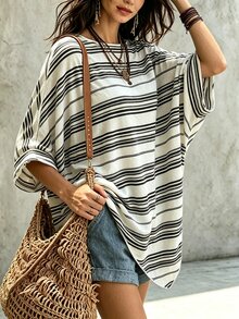 Breezaya Korean Style Casual Color Block Striped Short Sleeve Top - Black and White - View 4