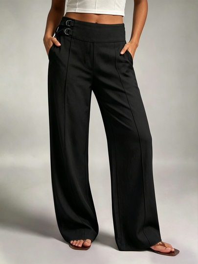 Trelyra Women's Slimming Black Straight-Leg Trousers With Button Details And Concealed Zipper Pockets