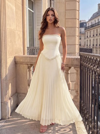 Poshira Women's Elegant Beaded Shiny Elegant Socialite Luxury Strapless Evening Gown