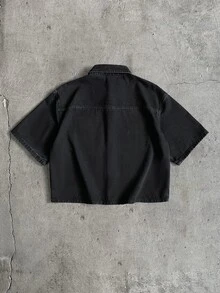 Mainfolk 男士水洗印花夹克，时尚翻领短袖休闲外套 - 黑色 - 查看 3